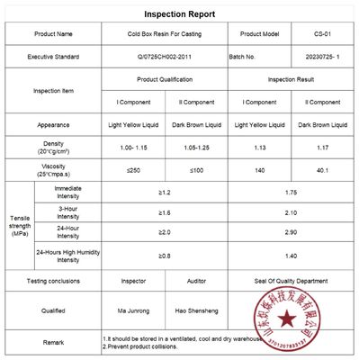 Outlet Amine Cold Box Resin per la fabbricazione del nucleo e agente di fissaggio della sabbia ad alta temperatura